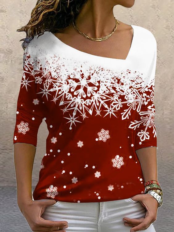 Christmas women's clothing new Christmas elements printed long-sleeved slanted collar pullover ladies T-shirt