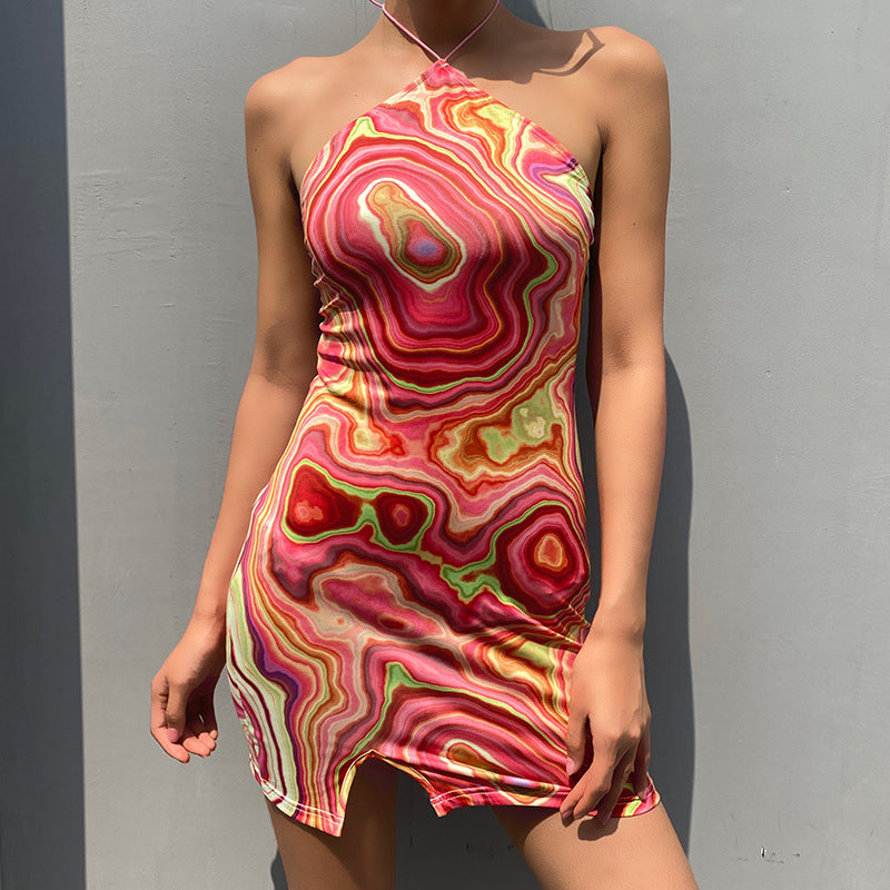 European and American style fashion women's new style swirl printing halterneck halter dress skirt