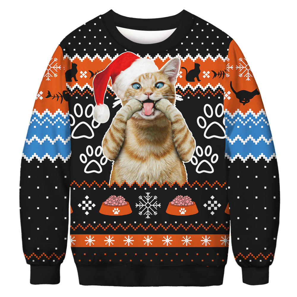 New cat Christmas digital printing couple dress round neck pullover long sleeve casual sweater