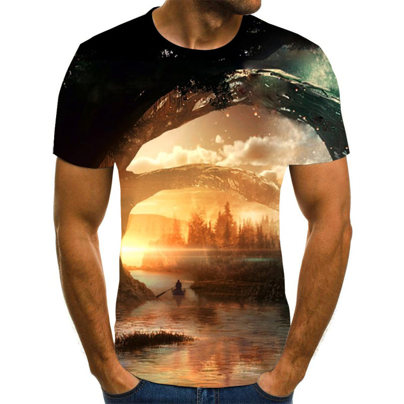 European and American cross-border new couple printing T-shirts, beautiful scenery 3D digital printing men's short sleeves