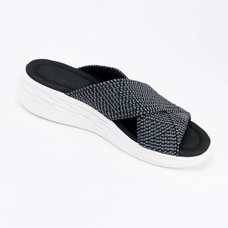 New style flat-bottomed flying woven cross sandals women's elastic slippers thick-bottomed solid color beach shoes