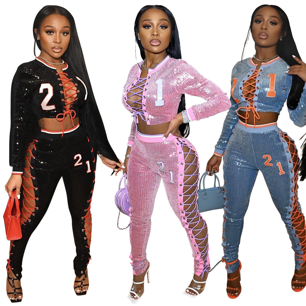 European and American new style sexy bandage jacket with pencil pants fashion sequined two-piece set