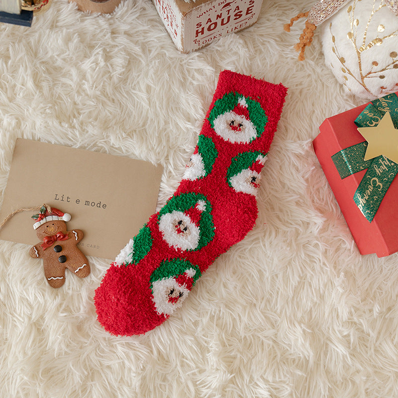 Cartoon deer medium tube Christmas socks cute gingerbread man thickened coral fleece wild warm sleep socks