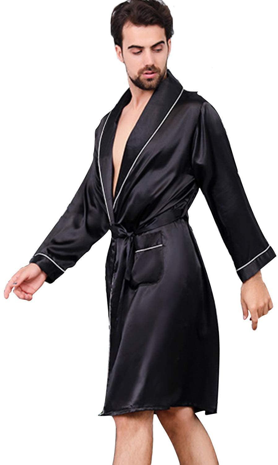 Men's solid color robe thin cardigan nightgown loose large size long sleeve autumn glossy bathrobe