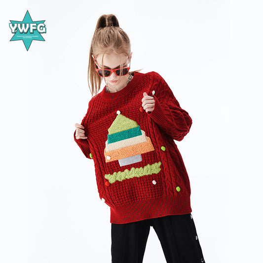 YWFG women's Christmas color Christmas tree vegetable tanned alphabet twist cartoon men and women sweaters