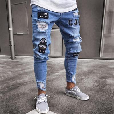 European and American men's hip-hop slim-fit torn foot pants badge micro stretch jeans