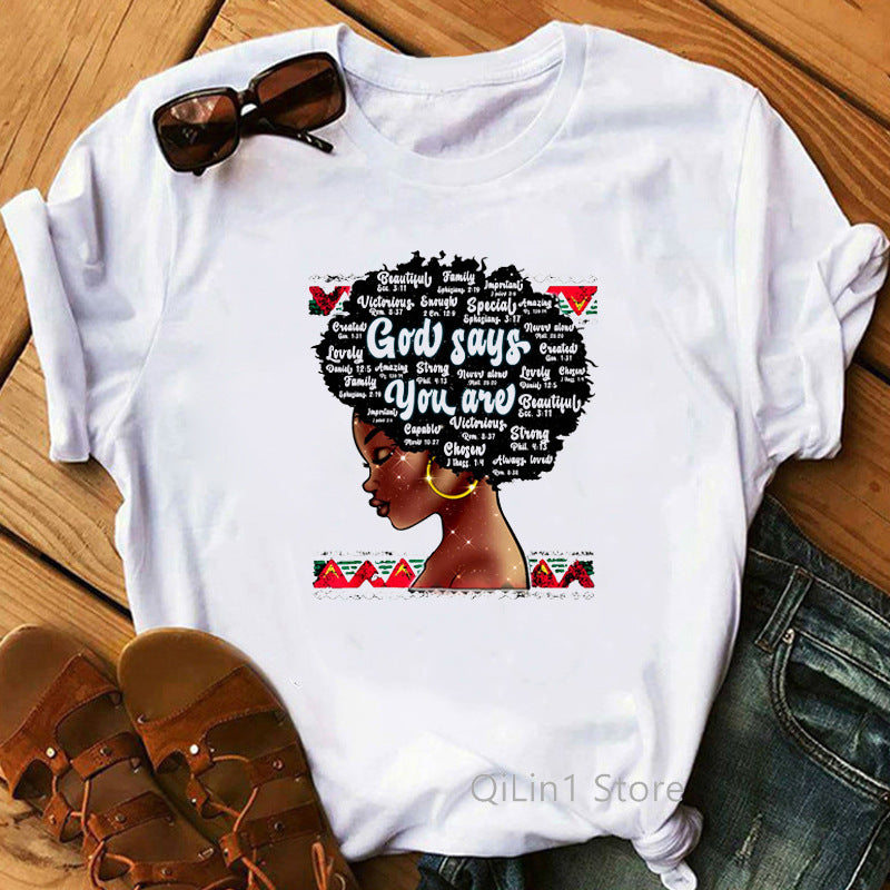 European and American Foreign Trade Feminism God Says You Are Black Girl Print Short Sleeve T-Shirt