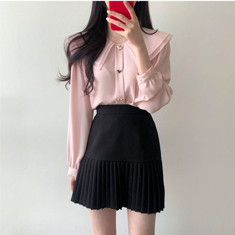 Chiffon shirt suit female temperament two-piece design double-layer doll collar top half-length pleated skirt