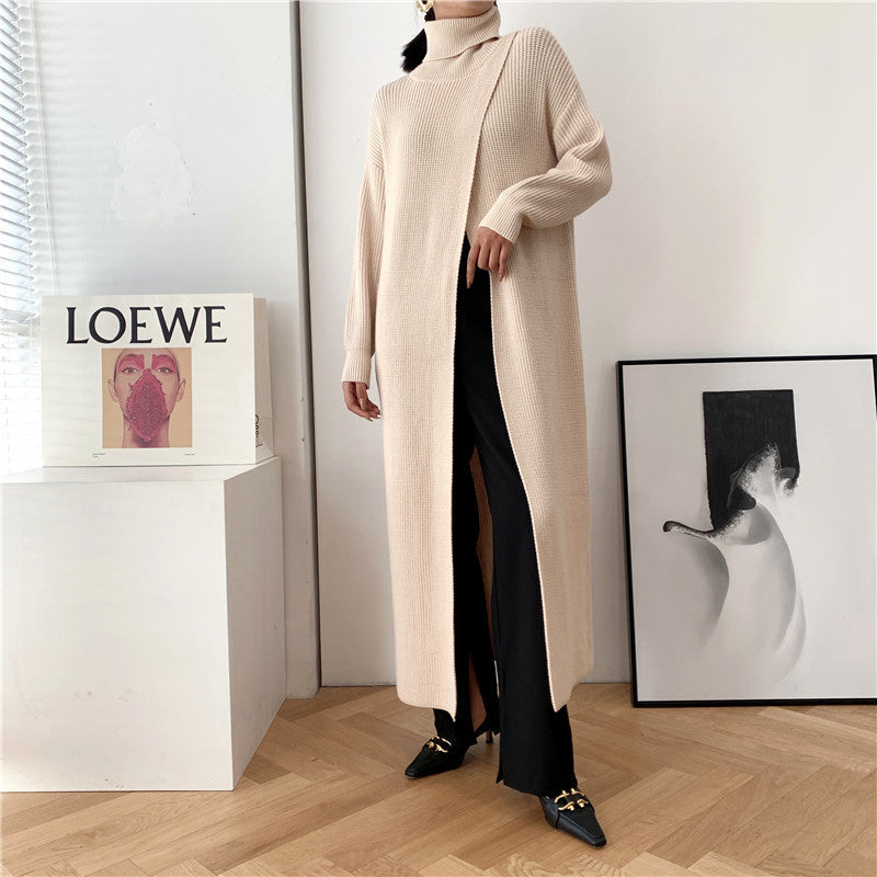 European and American goddess fan long knitted turtleneck sweater long skirt pullover bottoming with slit inside