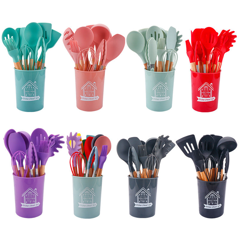 Storage barreled wooden handle silicone kitchen utensils 11 sets of silicone kitchen utensils set non-stick pot spatula spoon set