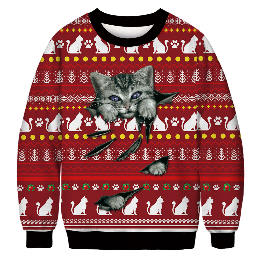 New Christmas cat digital printing couple autumn long-sleeved round neck sweater loose pullover