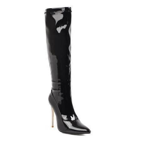 Sexy pointed heel women's boots patent leather side zipper high boots