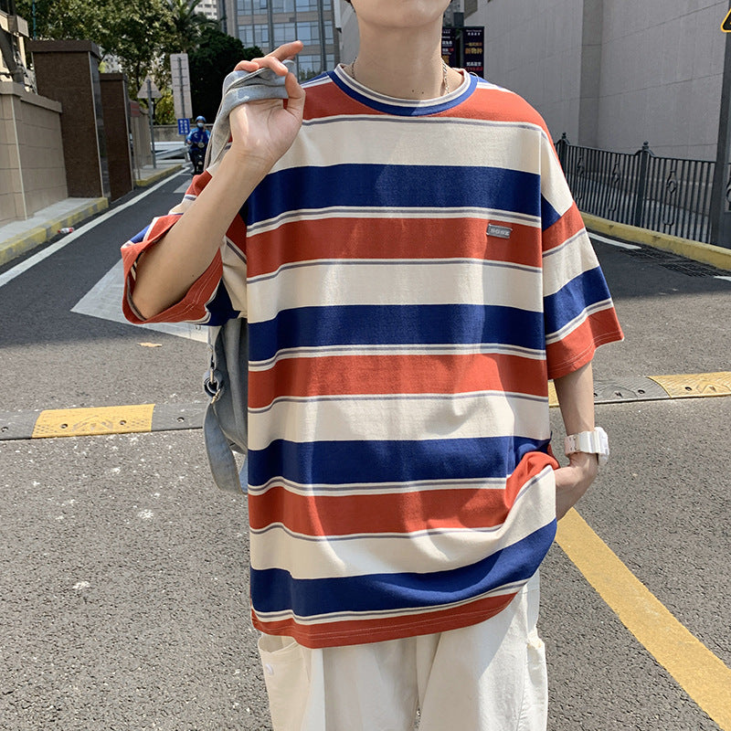 Hong Kong style contrast color striped short-sleeved T-shirt