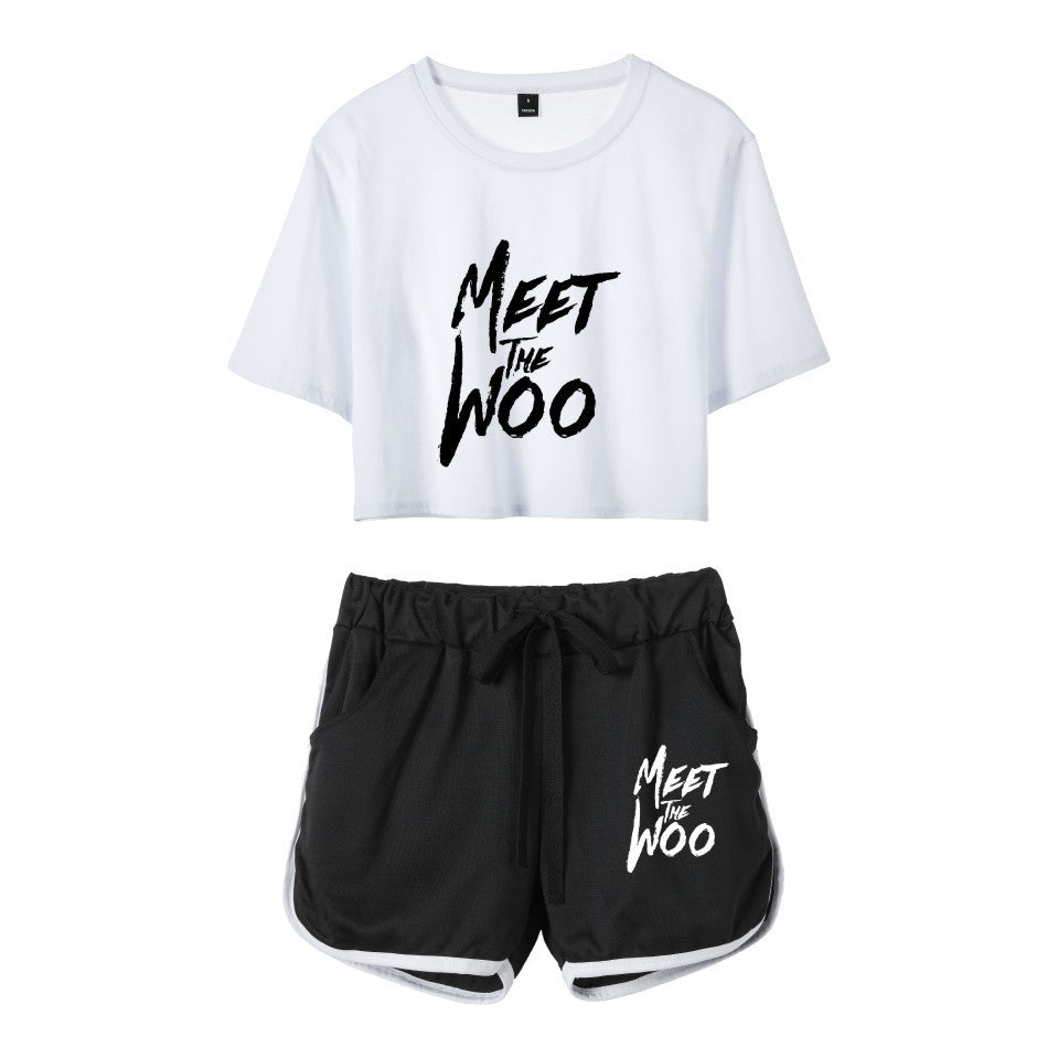 Fashion rapper series around dance cropped navel short-sleeved shorts women's suit T-shirt