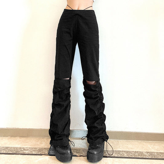 European and American new design sense pleated drawstring hollow black casual pants hot girl high waist thin loose trousers