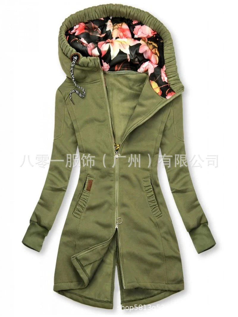 European and American women's clothing solid color stitching drawstring hooded slim fashion jacket