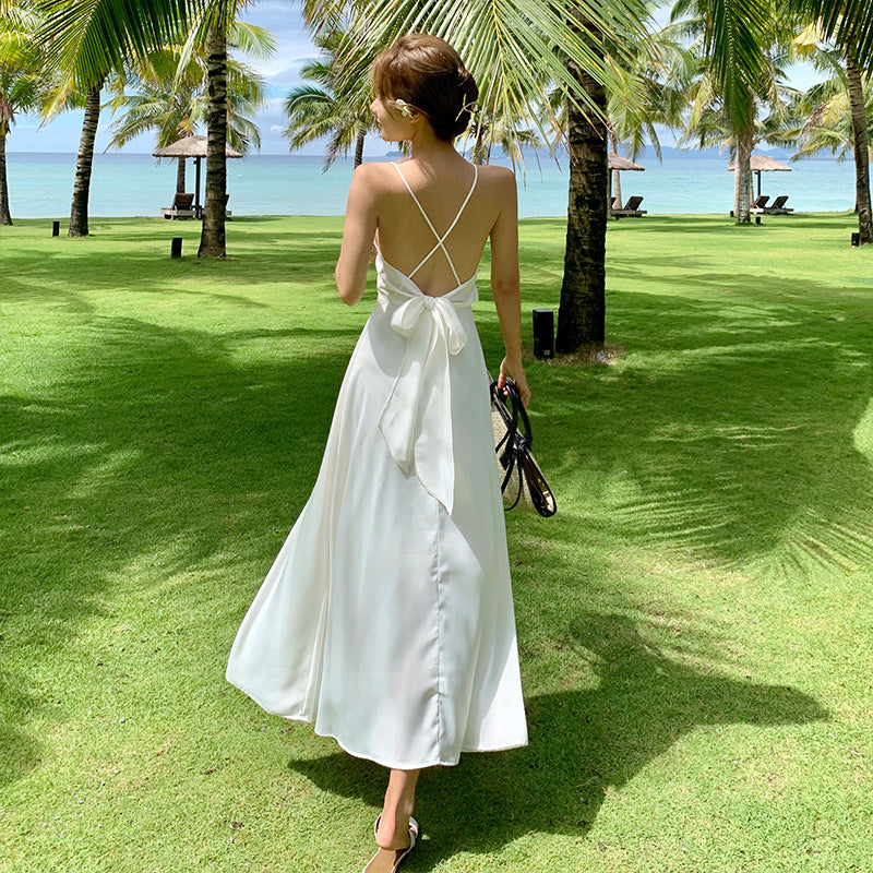 Seaside holiday dress summer super fairy Sanya travel wear white sexy backless suspender skirt beach skirt