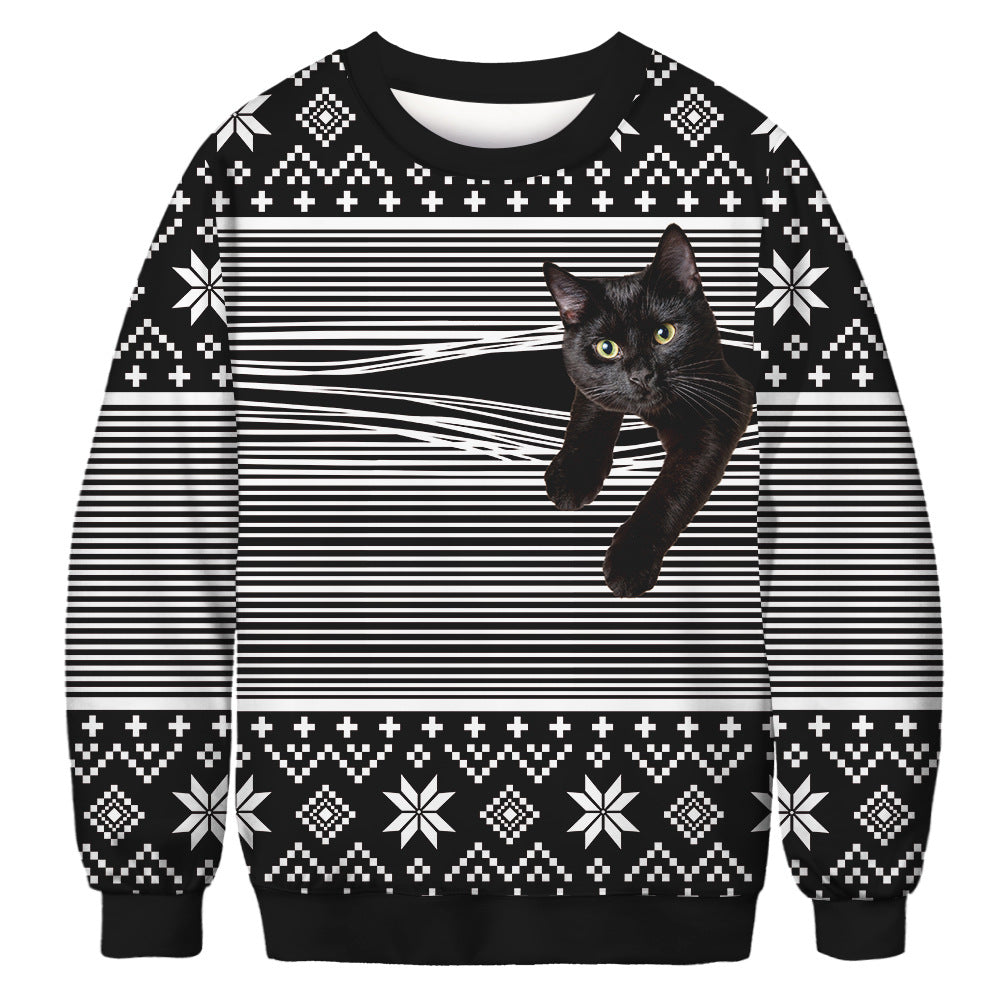 New cat Christmas digital printing couple dress round neck pullover long sleeve casual sweater