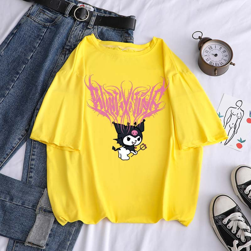 Harajuku cartoon gothic print short-sleeved T-shirt female summer street o neck sweet girl t-shirt