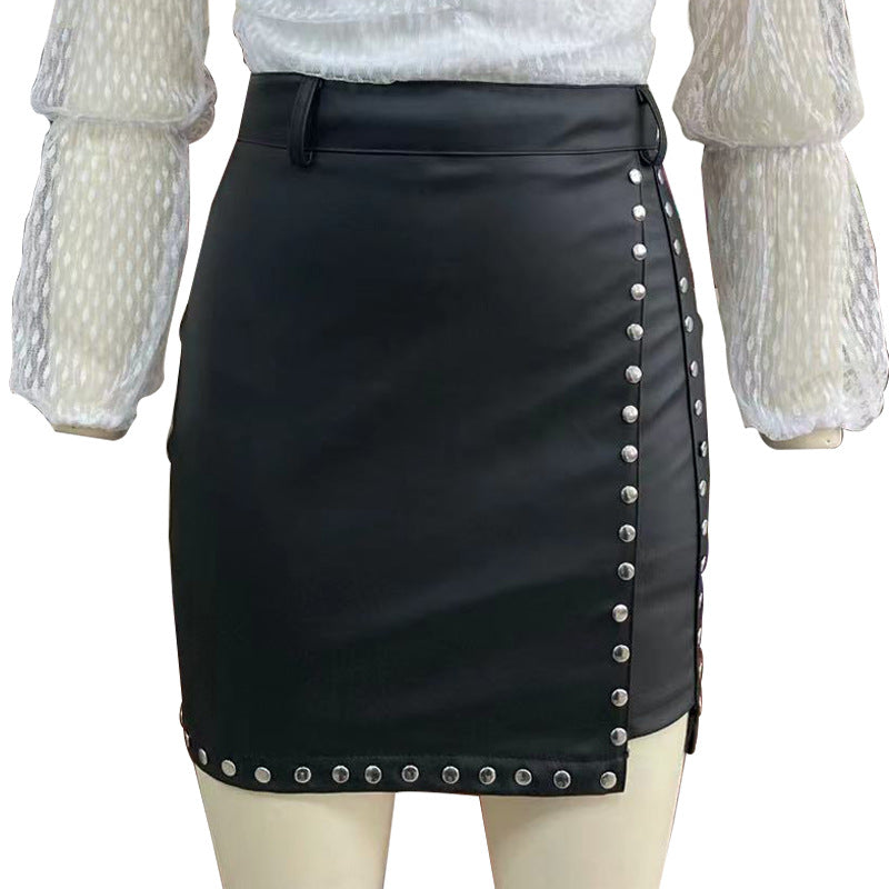 European and American sexy leather beaded skirt split bag hip skirt