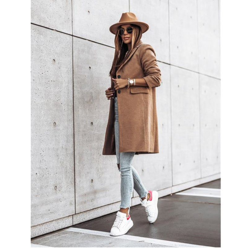 European and American cross-border autumn and winter simple long-sleeved button woolen coat