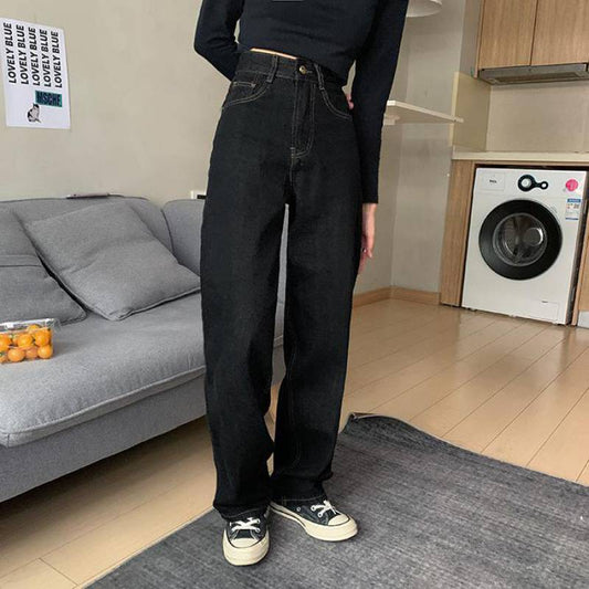 New jeans straight tube Korean version loose black retro high waist wide leg pants