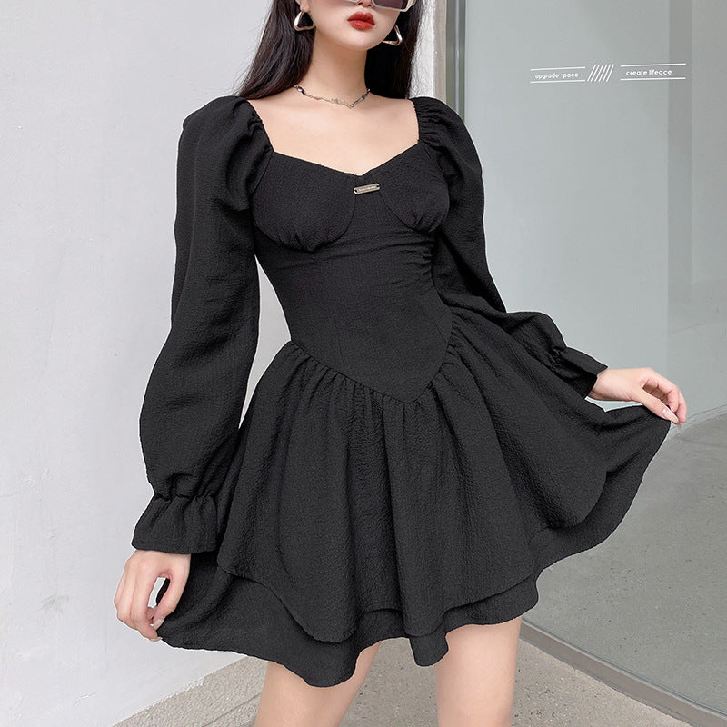 European and American temperament square collar bubble long sleeves meet boyfriend dating skirt carefully machine exposed collarbone waist show chest double-layer short skirt