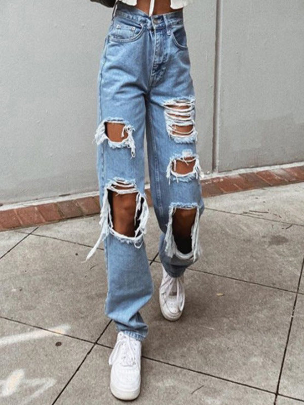 European and American cross-border ripped wide-leg thin jeans