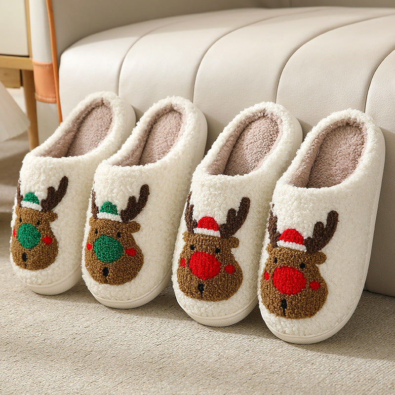 New Christmas elk cotton slippers for men and women cute non-slip couple indoor plush cotton shoes