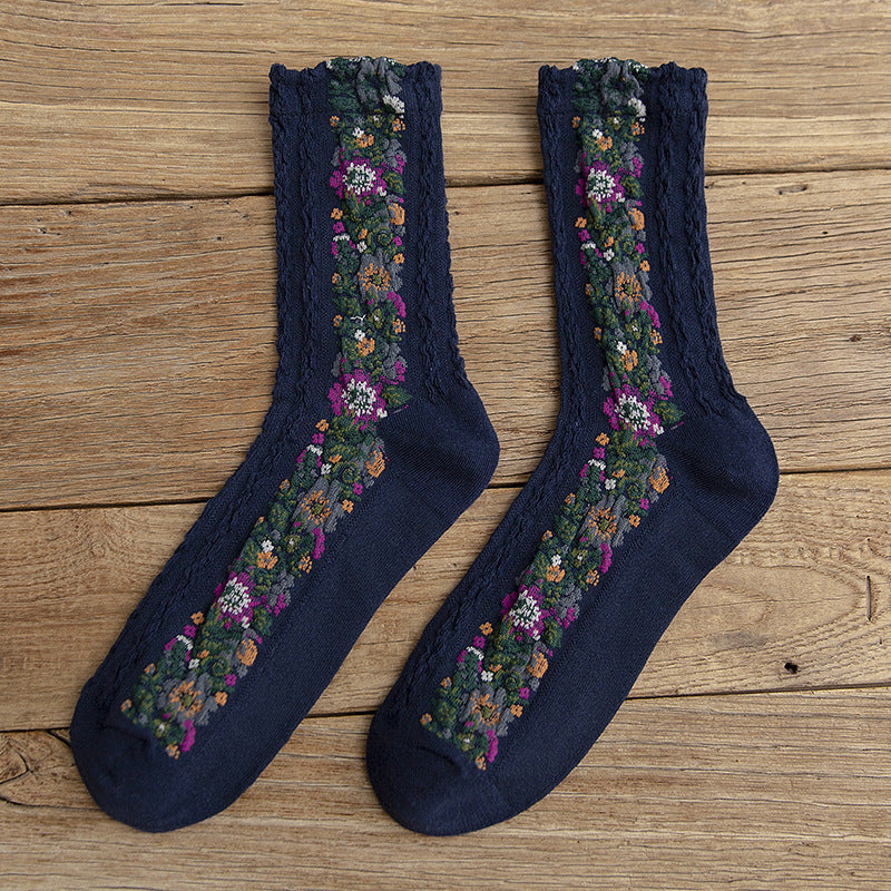 New product linen pattern women's socks retro small floral jacquard fashion socks personalized socks