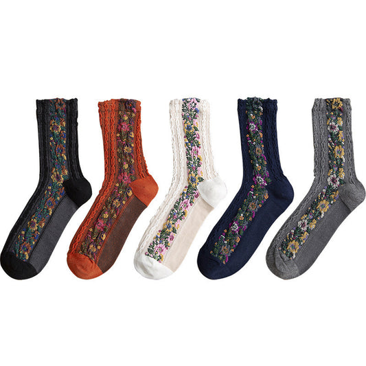 New product linen pattern women's socks retro small floral jacquard fashion socks personalized socks