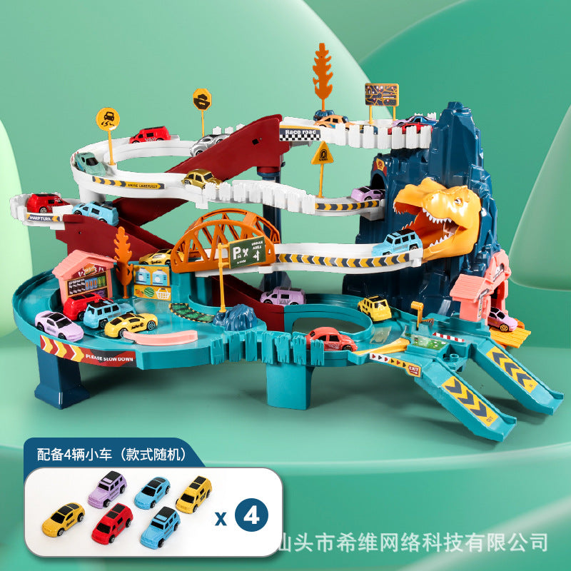 Children's car breakthrough adventure dinosaur Panshan highway multi-storey car building 2 in 1 educational rail car toy