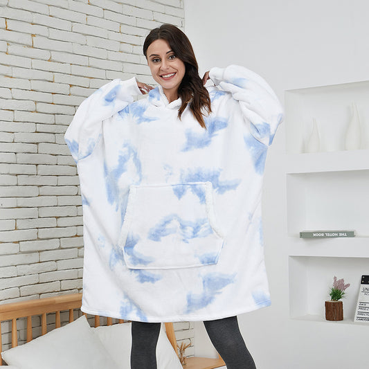 Tie-dye nightgown blue and white blouse flannel printing casual lazy blanket outdoor warm big pocket hooded sweater women