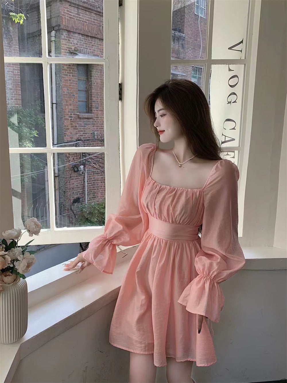 French court light familiar style ladies temperament square collar bubble long sleeves careful machine lace high waist slim dress