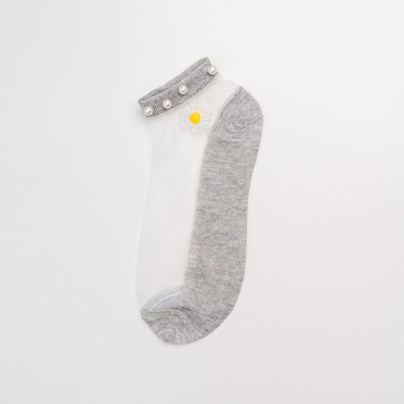 Pearl socks small daisy socks female socks thin shallow mouth crystal boat socks glass stockings