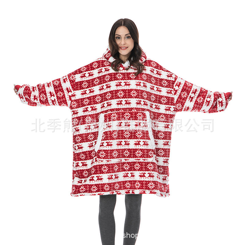 Cross-border Christmas fawn zebra leopard print hooded pullover sweater pajamas printed flannel nightgown female TV lazy blanket