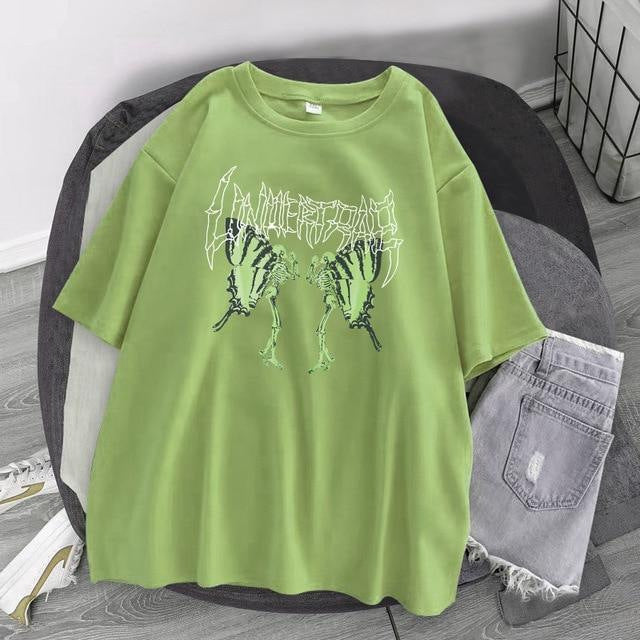 Gothic Punk Loose T-Shirt Harajuku Skull Butterfly Summer Women's Fashion Short Sleeve