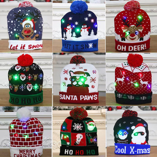 Christmas Decoration Luminous Christmas Hat Knitted LED Warm Adult Children Cartoon Printed Wool Hat