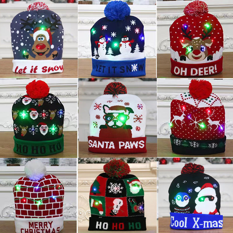 Christmas Decoration Luminous Christmas Hat Knitted LED Warm Adult Children Cartoon Printed Wool Hat