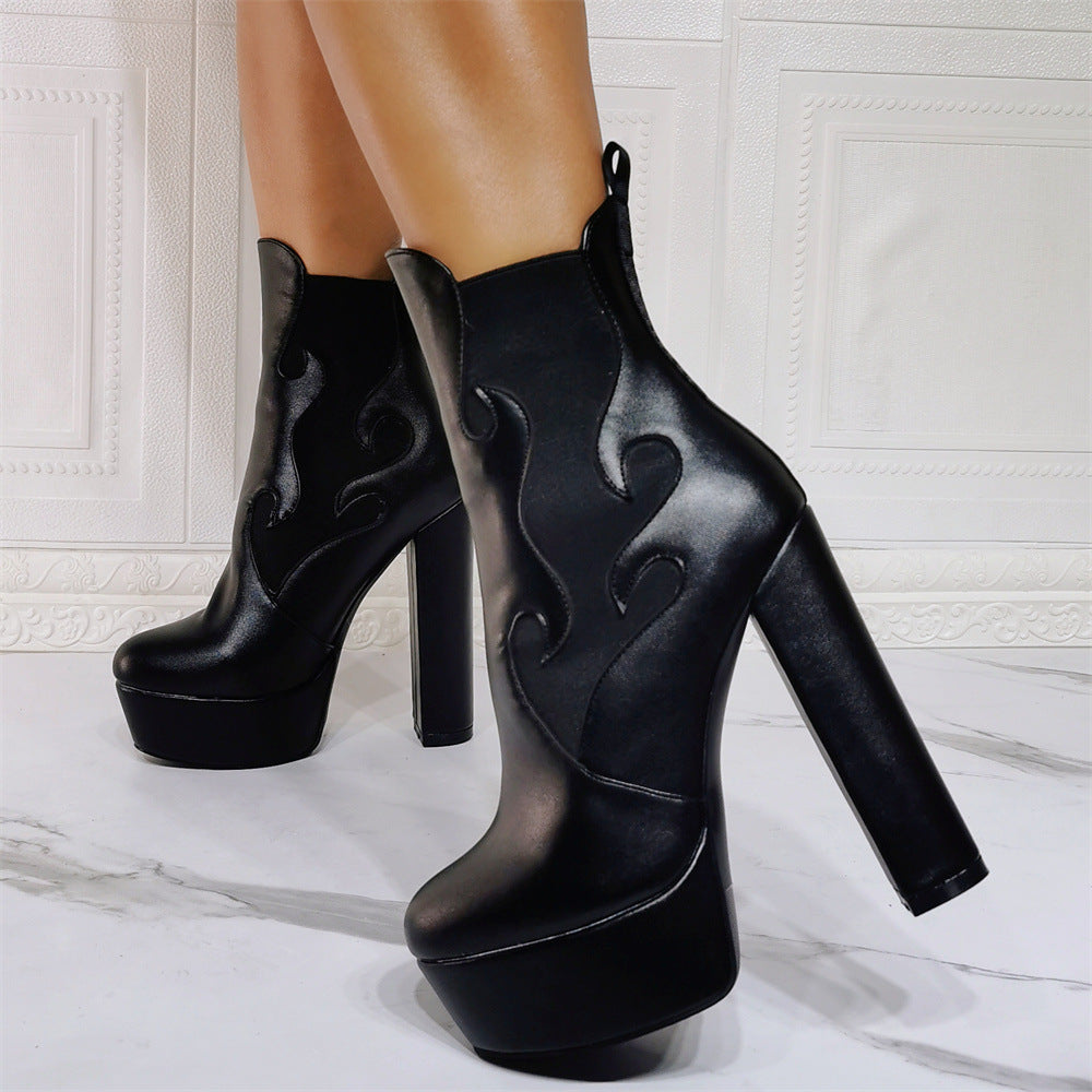 Sexy cross-border waterproof platform flame thick heel fashion super high heel extra women's short boots