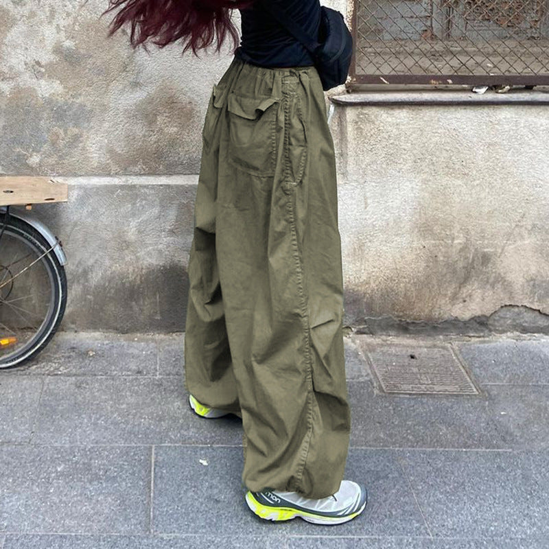 European and American Street Simple Solid Color Casual Low Waist Wide Leg Straight Woven Trousers