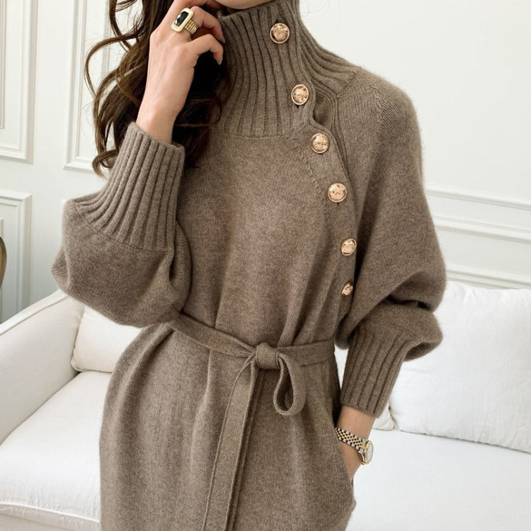 Japanese and Korean lace-up waist knitted dress loose and thin all-match turtleneck long sweater