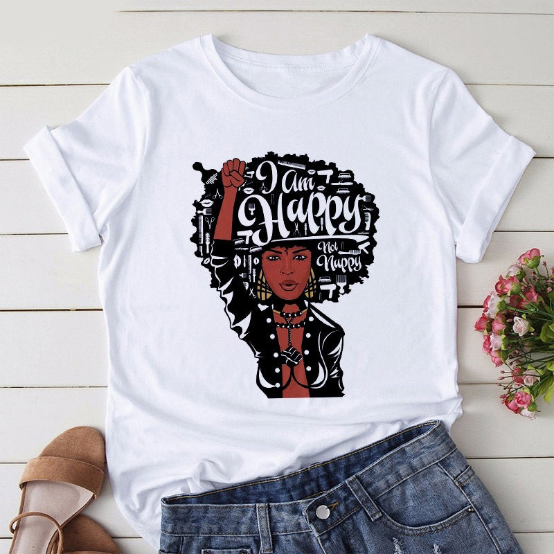 European and American Casual Cartoon Feminism Cartoon African Girl Printed Ladies T-shirt