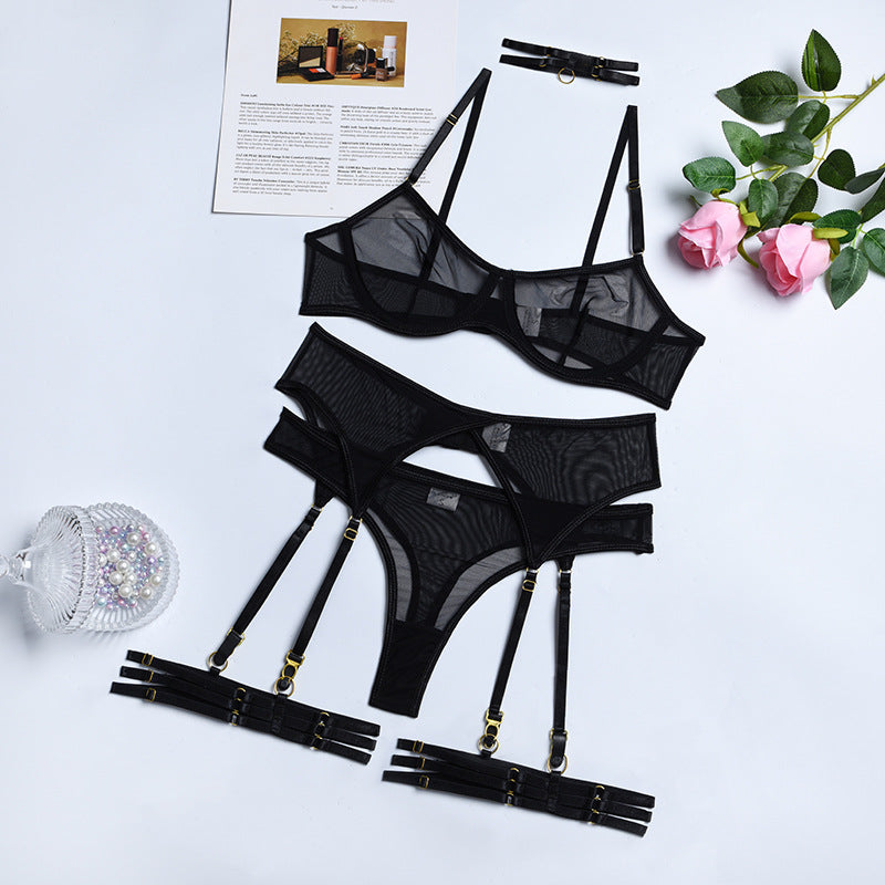 New women's fashion sexy underwear mesh comfortable slimming gather with steel ring four-piece set