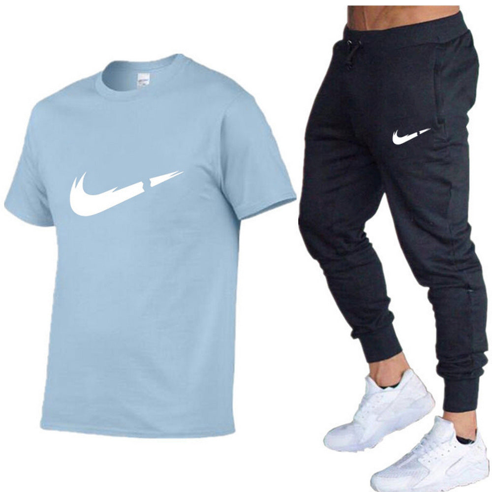 European and American men's running casual short-sleeved T-shirt + sports trousers two-piece jogging suit