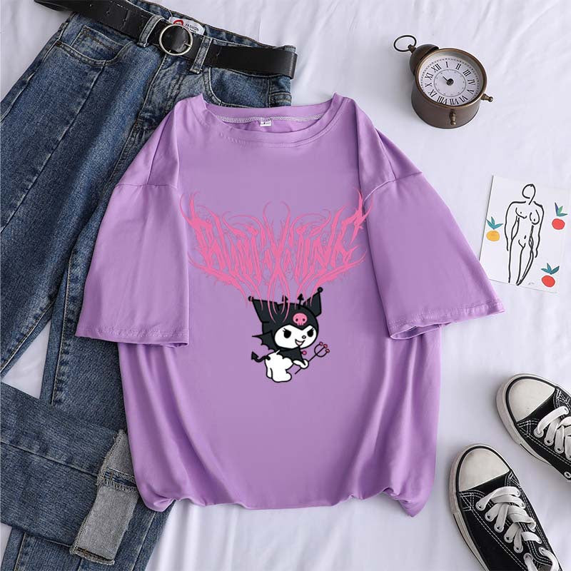 Harajuku cartoon gothic print short-sleeved T-shirt female summer street o neck sweet girl t-shirt