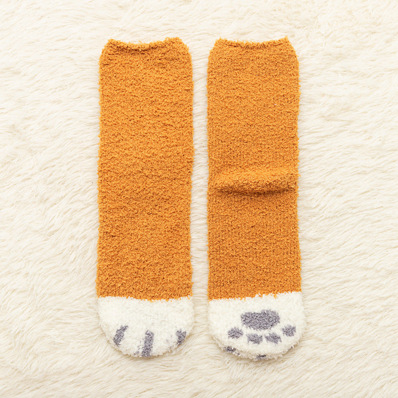 Coral fleece mid-tube socks women's thickened warm cartoon cat claw socks sweet floor socks confinement sleep socks