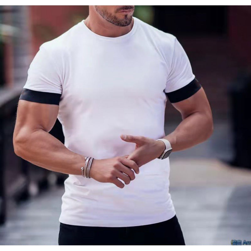 European and American new products muscle fitness short-sleeved t-shirt men's summer moisture wicking round neck top men's casual sports T-shirt