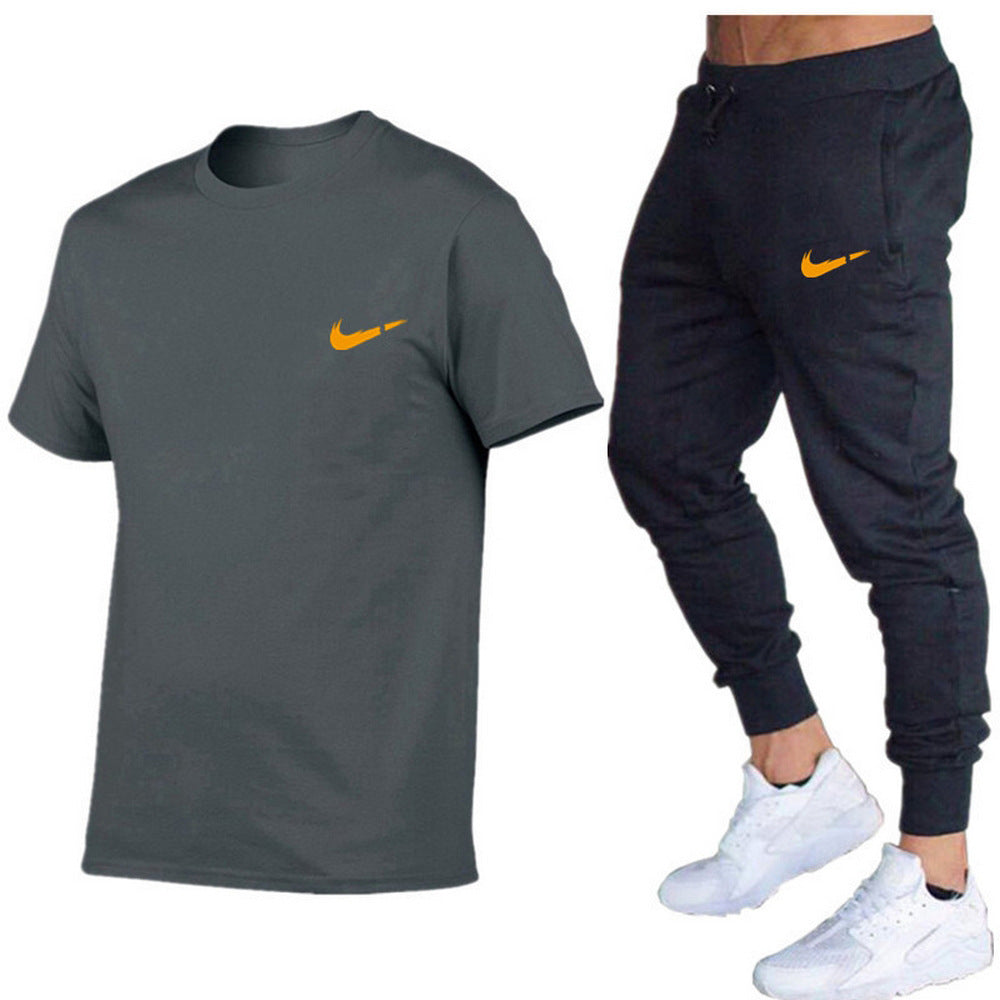 European and American men's running casual short-sleeved T-shirt + sports trousers two-piece jogging suit