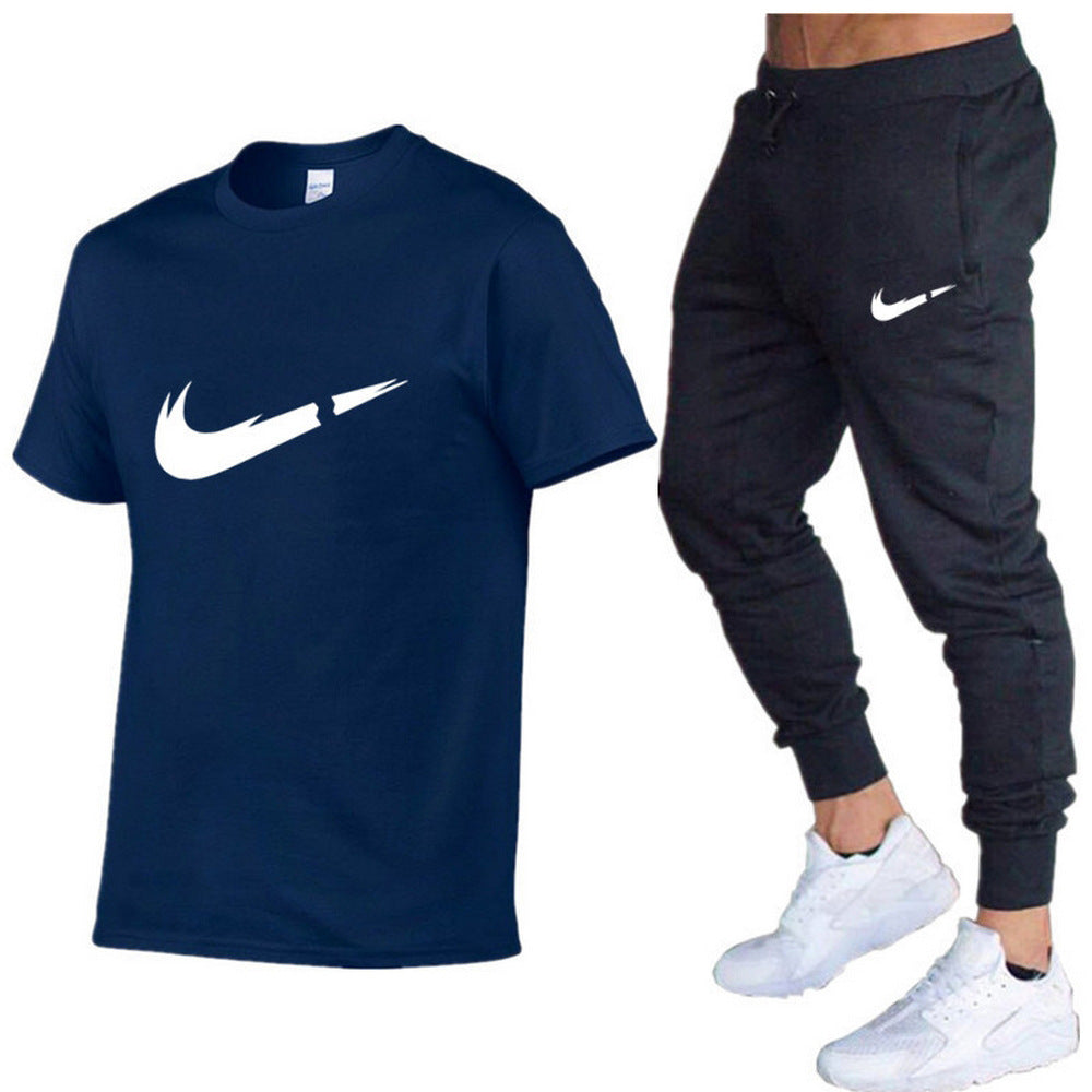 European and American men's running casual short-sleeved T-shirt + sports trousers two-piece jogging suit